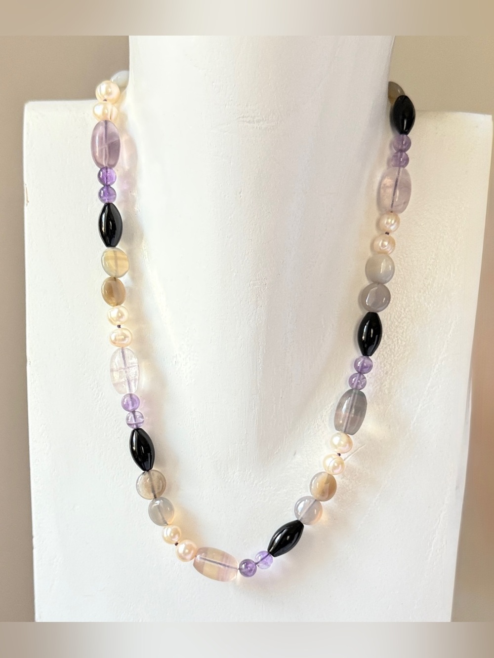 Mixed Gemstone Pearl Beaded Necklace Onyx Amethyst Fluorite Agate Chunky Strand